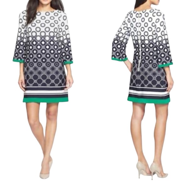 Eliza J Black White Green Boxy Geometrical 3/4 Sleeve Jersey Knit ShiftDress Mod - Picture 6 of 11